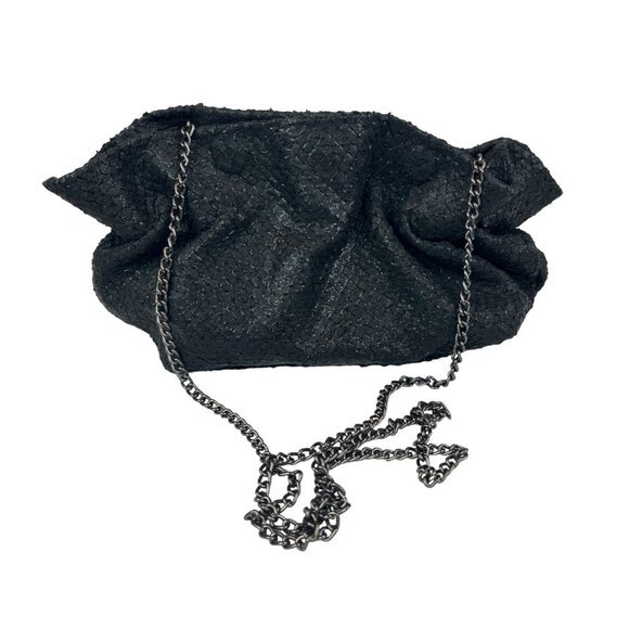 Anthropologie Jory Metallic Chain Clutch Ruffle Black Evening - Picture 1 of 11